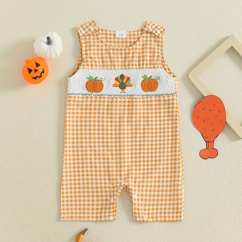 My First Halloween Baby Boy Girl Outfit Newborn Plaid Ghost Pumpkin Overalls Jumpsuit Smocked Romper Fall Clothes in Kuwait