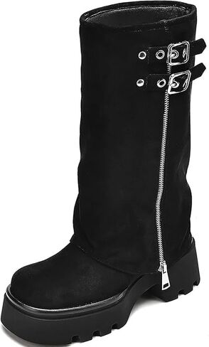 Mavmax Mid Boots للنساء طي فوق سحاب مشبك ركوب Boot الأسود واسعة العجل منصة جولة إصبع القدم مكتنزة منخفضة الكعب طويل القامة حذاء راكب راكب الدراجات النارية in Kuwait