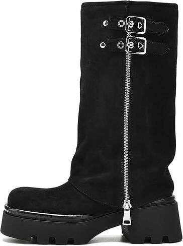 Mavmax Mid Boots للنساء طي فوق سحاب مشبك ركوب Boot الأسود واسعة العجل منصة جولة إصبع القدم مكتنزة منخفضة الكعب طويل القامة حذاء راكب راكب الدراجات النارية in Kuwait