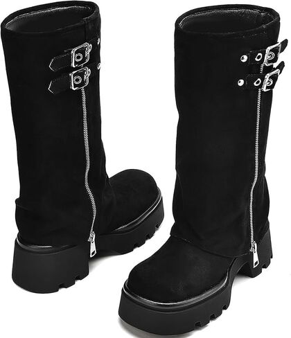 Mavmax Mid Boots للنساء طي فوق سحاب مشبك ركوب Boot الأسود واسعة العجل منصة جولة إصبع القدم مكتنزة منخفضة الكعب طويل القامة حذاء راكب راكب الدراجات النارية in Kuwait