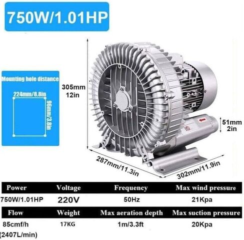 Blower Fortex Ring عالية الضغط 750W ، منفاخ مجدد الطور المفرد ، مضخة فراغ صناعية لتهوية الصرف الصحي وضرب/شفط الهواء ، 1.01HP in Kuwait