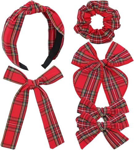 Sugarmelon Set of 6 Tartan Bow Hair Clips for Baby Girl and Mom Women Plaid Headbands Scrunchies Scottish Tartan Hair Bows for School Girls (6 pcs Tartan Red) in Kuwait