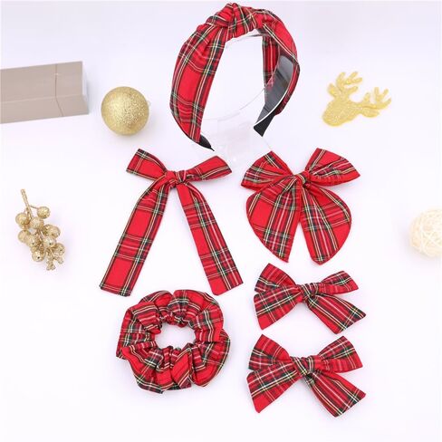 Sugarmelon Set of 6 Tartan Bow Hair Clips for Baby Girl and Mom Women Plaid Headbands Scrunchies Scottish Tartan Hair Bows for School Girls (6 pcs Tartan Red) in Kuwait