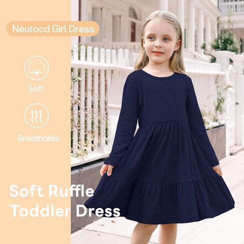 Neutocd Toddler Baby Girl Long Sleeve Dress Knit Sweater Tiered Fall Winter Casual Solid Textured Little Girls Dress in Kuwait