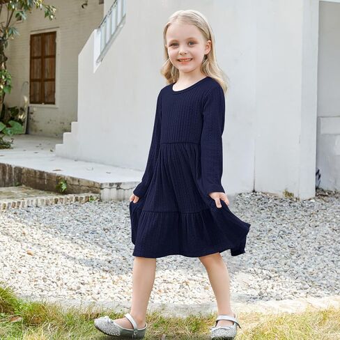 Neutocd Toddler Baby Girl Long Sleeve Dress Knit Sweater Tiered Fall Winter Casual Solid Textured Little Girls Dress in Kuwait
