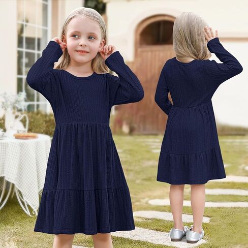 Neutocd Toddler Baby Girl Long Sleeve Dress Knit Sweater Tiered Fall Winter Casual Solid Textured Little Girls Dress in Kuwait