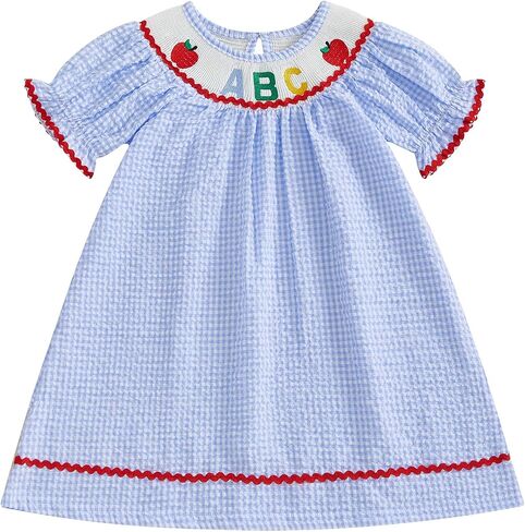 Toddler Girl Back to School Clothes Embroidery Smocked Dress Doll Collar Sundress First Day of Pre Kindergarten Outfit in Kuwait