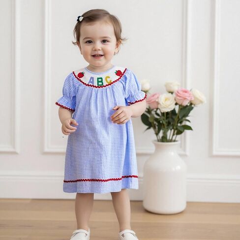 Toddler Girl Back to School Clothes Embroidery Smocked Dress Doll Collar Sundress First Day of Pre Kindergarten Outfit in Kuwait