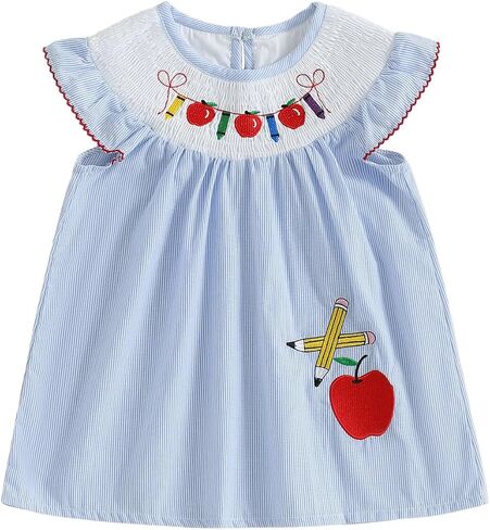 Toddler Girl Back to School Clothes Embroidery Smocked Dress Doll Collar Sundress First Day of Pre Kindergarten Outfit in Kuwait
