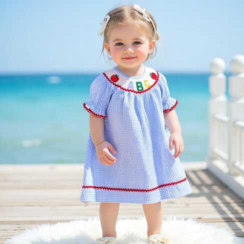 Toddler Girl Back to School Clothes Embroidery Smocked Dress Doll Collar Sundress First Day of Pre Kindergarten Outfit in Kuwait