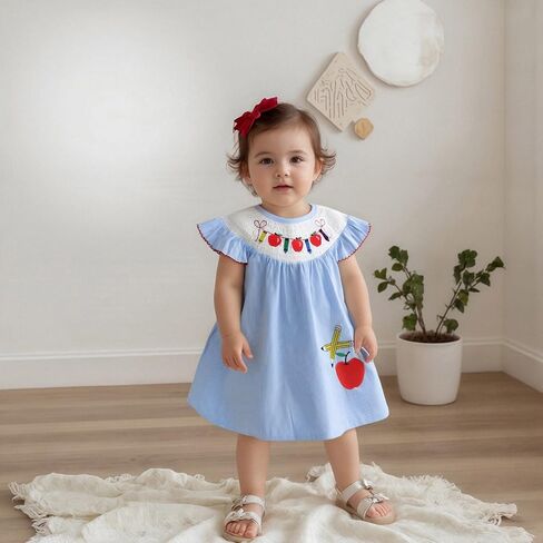 Toddler Girl Back to School Clothes Embroidery Smocked Dress Doll Collar Sundress First Day of Pre Kindergarten Outfit in Kuwait