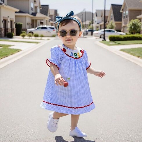 Toddler Girl Back to School Clothes Embroidery Smocked Dress Doll Collar Sundress First Day of Pre Kindergarten Outfit in Kuwait