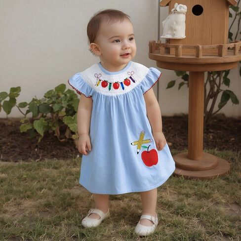 Toddler Girl Back to School Clothes Embroidery Smocked Dress Doll Collar Sundress First Day of Pre Kindergarten Outfit in Kuwait