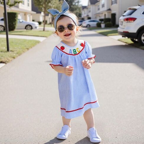 Toddler Girl Back to School Clothes Embroidery Smocked Dress Doll Collar Sundress First Day of Pre Kindergarten Outfit in Kuwait