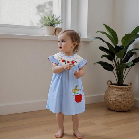 Toddler Girl Back to School Clothes Embroidery Smocked Dress Doll Collar Sundress First Day of Pre Kindergarten Outfit in Kuwait