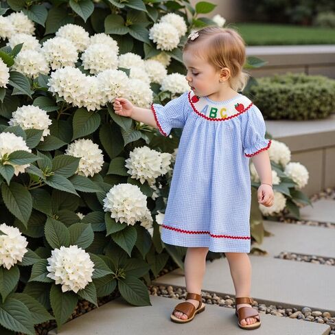 Toddler Girl Back to School Clothes Embroidery Smocked Dress Doll Collar Sundress First Day of Pre Kindergarten Outfit in Kuwait