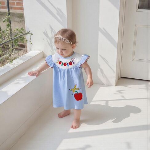 Toddler Girl Back to School Clothes Embroidery Smocked Dress Doll Collar Sundress First Day of Pre Kindergarten Outfit in Kuwait