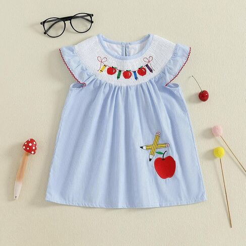Toddler Girl Back to School Clothes Embroidery Smocked Dress Doll Collar Sundress First Day of Pre Kindergarten Outfit in Kuwait