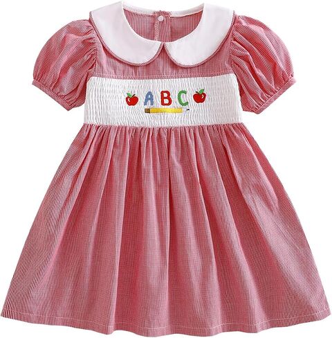 Toddler Girl Back to School Clothes Embroidery Smocked Dress Doll Collar Sundress First Day of Pre Kindergarten Outfit in Kuwait