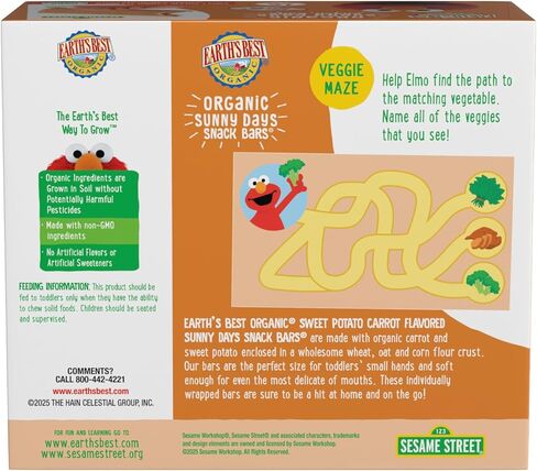Earth's Best Organic Kids Snacks, Sesame Street Toddler Snacks, Organic Sunny Days Snack Bars for Toddlers 2 Years and Older, Strawberry with Other Natural Flavors, 16 Bars per Box (Pack of 6) in Kuwait