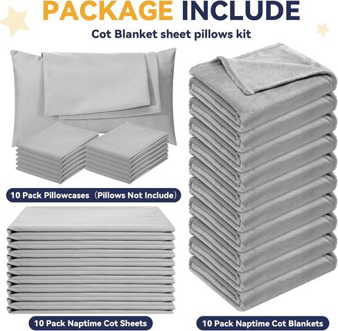 Shihanee 10 Sets Kids Daycare Cot Bedding Sets Toddler Cot Sheet 23" x 51" with 40''x 48'' Nap Blanket and 11''x 7'' Pillow Cover for Daycare, Breathable Nap Sheet with Elastic Corner Strap in Saudi Arabia