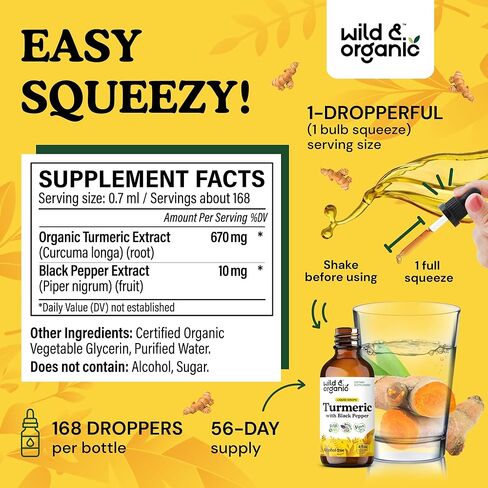 مكمل مستخلص سائل الكركم - قطرات الكركمين الكركم العضوي مع الفلفل الأسود - صبغة جذر الكركم - نباتي، خالي من الكحول - 2 أونصة سائلة in Kuwait