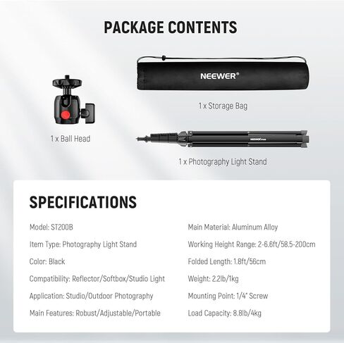 Neewer Photography Light Stand 1.8-6.6ft/56-200cm مع رأس الكرة 1/4 "المسمار ، Max Load 8.8lb/4kg STUTION STUDIO STUDIO TRIPOD ، حامل فيديو للهاتف لكاميرا STOFBOX SOFTBOX in Saudi Arabia