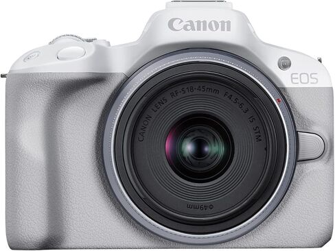 Canon EOS R50 LENSER LIRRORLAGE CAMERATING (أبيض) W/RF-S18-45MM F4.5-6.3 هي عدسة STM (متجددة) in Saudi Arabia