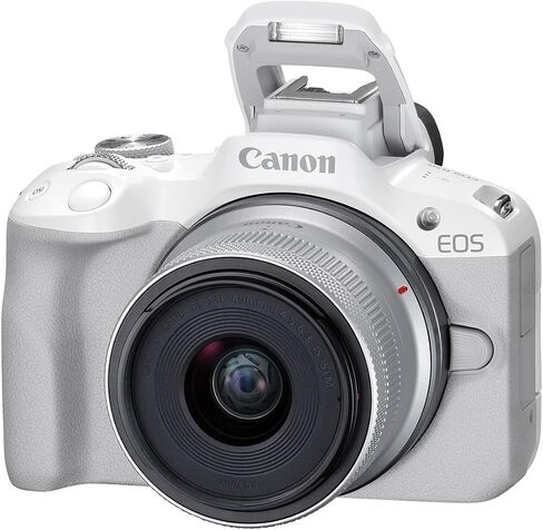 Canon EOS R50 LENSER LIRRORLAGE CAMERATING (أبيض) W/RF-S18-45MM F4.5-6.3 هي عدسة STM (متجددة) in Saudi Arabia