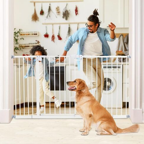 Kinfant Extra Wide Baby Gate - 58-Inch White Doorway & Stair Gate, Tall & Adjustable Extension Pressure Pet Gate, with Extension Kit, Pressure Mount Kit, Wall Cups in Saudi Arabia