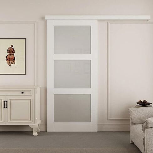 Track Hidden Style Track White Preged 3-Lite Frosted Glass Sliding Door مع مجموعة أجهزة (لا يوجد تجميع مطلوب) ， 36 '× 80' ' in Kuwait