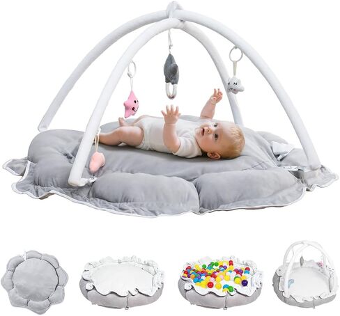5 -in -1 طفل لعب صالة الألعاب الرياضية وحصيرة وقت البطن - حصيرة لعب الأطفال السميكة والفخمة مع 6 ألعاب حسية ، مركز النشاط القابل للتحويل لولي حديثي الولادة إلى طفل صغير ، حفرة الكرة (لا توجد كرات) in Kuwait