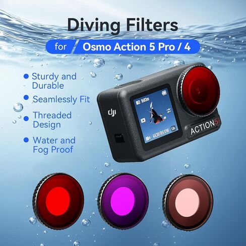 مرشح مرشح الغوص/مرشح مقاوم للماء لـ DJI Osmo Action 5 Pro/Action 4/Action 3 Camera ، غطاء واقعي للعدسة للغطس الرياضات المائية （Red/Red/Purple） in Saudi Arabia