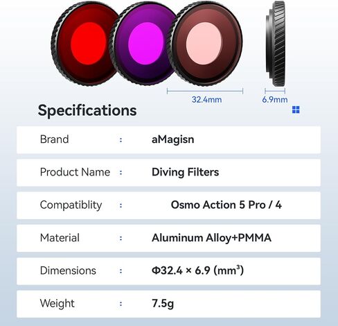مرشح مرشح الغوص/مرشح مقاوم للماء لـ DJI Osmo Action 5 Pro/Action 4/Action 3 Camera ، غطاء واقعي للعدسة للغطس الرياضات المائية （Red/Red/Purple） in Saudi Arabia