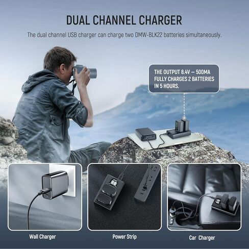 NEEWER DMW-BLK22 Replacement Battery & Charger Set, 2Pcs 2400mAh Battery, Dual Channel USB Charger, Cleaning Cloth, Compatible with Panasonic Lumix DC-S5 DC-S5II DC-S5IIX GH5 II GH6 S5II S5M2 Cameras in Saudi Arabia