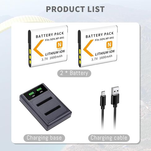 NP-BN1 Battery 2-Pack with Charger Compatible for Sony Cyber-Shot DSC-QX10 QX30 QX100 DSC-TF1 DSC-TX10 TX20 TX30 DSC-W530 DSC-W570 DSC-W650 DSC-W800 DSC-W830, for Sony NP-BN1 NPBN1 BC-CSN 1600mAh in Saudi Arabia