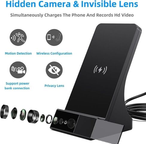 LIZVIE Hidden Camera Phone Charger with Spy Lens, 24/7 Night Vision, Wireless Charger Hidden Camera Indoor, Motion Detection/APP Control, Supports 64GB SD Card. in Saudi Arabia