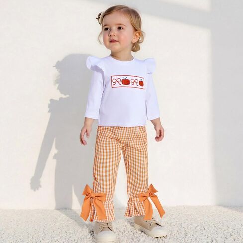 Toddler Baby Girl Halloween Outfit Bow Pumpkin T Shirt Plaid Bell Bottoms Set Girls Top Flare Pants Fall Clothes in Kuwait