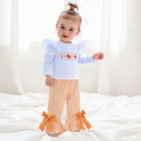 Toddler Baby Girl Halloween Outfit Bow Pumpkin T Shirt Plaid Bell Bottoms Set Girls Top Flare Pants Fall Clothes in Kuwait