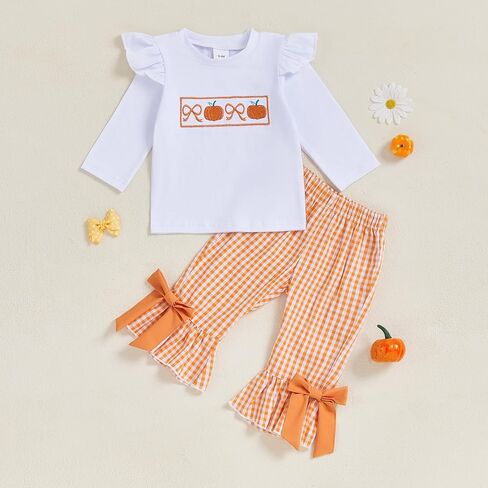 Toddler Baby Girl Halloween Outfit Bow Pumpkin T Shirt Plaid Bell Bottoms Set Girls Top Flare Pants Fall Clothes in Kuwait