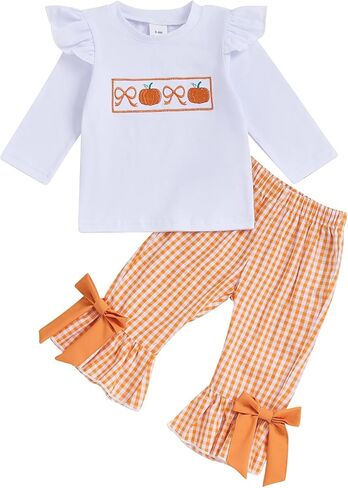 Toddler Baby Girl Halloween Outfit Bow Pumpkin T Shirt Plaid Bell Bottoms Set Girls Top Flare Pants Fall Clothes in Kuwait