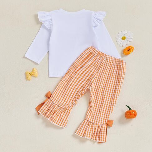 Toddler Baby Girl Halloween Outfit Bow Pumpkin T Shirt Plaid Bell Bottoms Set Girls Top Flare Pants Fall Clothes in Kuwait