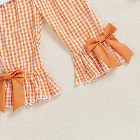 Toddler Baby Girl Halloween Outfit Bow Pumpkin T Shirt Plaid Bell Bottoms Set Girls Top Flare Pants Fall Clothes in Kuwait