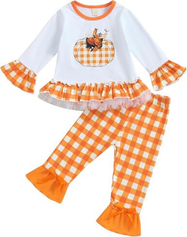 Kids Toddler Girl Halloween Outfit Plaid Pumpkin T-Shirts Pullover Sweatshirt Tops Flare Pants Set Fall Clothes in Kuwait