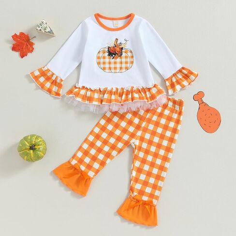 Kids Toddler Girl Halloween Outfit Plaid Pumpkin T-Shirts Pullover Sweatshirt Tops Flare Pants Set Fall Clothes in Kuwait