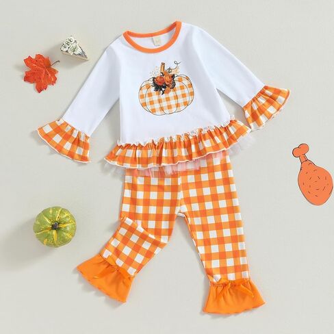 Kids Toddler Girl Halloween Outfit Plaid Pumpkin T-Shirts Pullover Sweatshirt Tops Flare Pants Set Fall Clothes in Kuwait