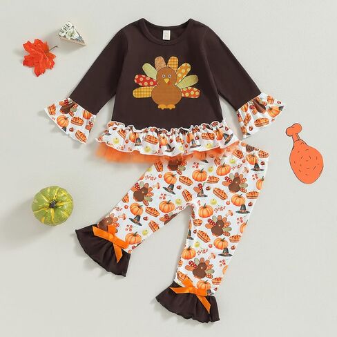 Kids Toddler Girl Halloween Outfit Plaid Pumpkin T-Shirts Pullover Sweatshirt Tops Flare Pants Set Fall Clothes in Kuwait