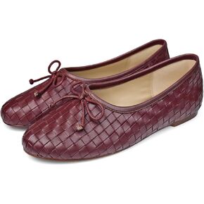 نساء الباليه المنسوجة من الجلد من الجلد منقوش جولة حذاء ماري جين مع فستان أزياء ربطة عنق على أحذية راقصة الباليه منخفضة الكعب in Kuwait