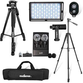Audience Professional Mobile Tripod Kit, 6FT Collapsible Stand, LED Fill Light, Phone Mount, Dual Lavalier Microphones, Bluetooth Remote & Travel Case for YouTube/TikTok/Live Streaming/Vlogging in Saudi Arabia
