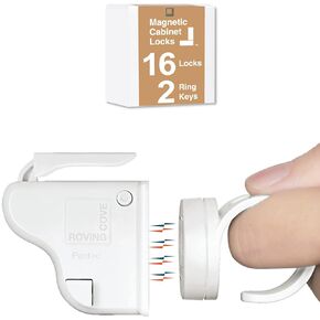RovingCove Ergonomic Magnetic Cabinet Baby Locks 8-pk, Child Proof Drawer Cupboard Latches, Adhesive, Easy Install with Starter Tape System, 8 Locks 2 Ring Keys in Kuwait